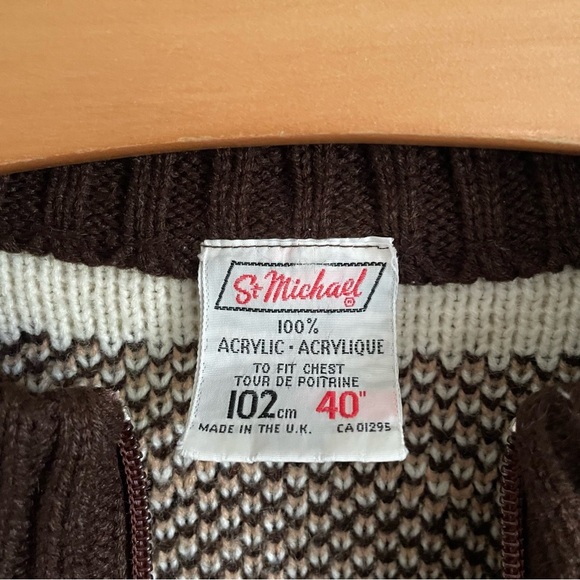 Vintage St Michael Zip Up Knit Cardigan Sweater UK Snowflake Brown Cream Mens - Picture 9 of 10